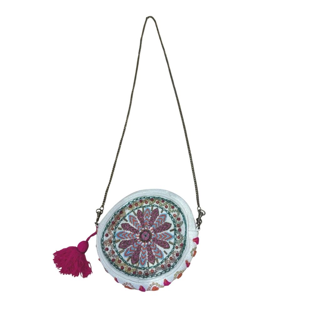 Embroidered Round Crossbody Bag in White with Pink Tassel